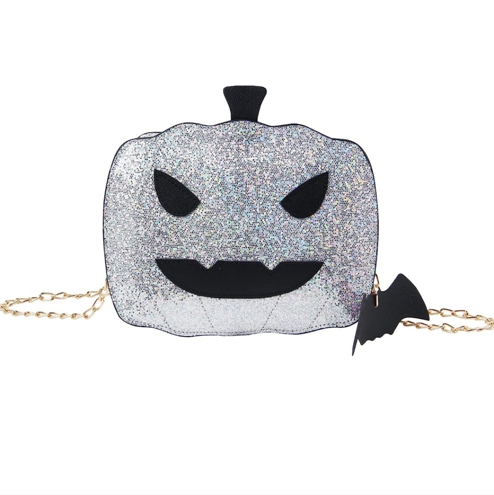 Pumpkin Halloween silver sparkly purse bag vegan leather bat charm costume